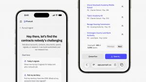 Two phones showing Pursuit in a mobile web browser. One shows the Pursuit Agent start screen with suggested prompts. The other shows a list of agencies with buttons to run research or save the results.