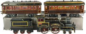 Circa-1912 German Ernst Plank Gauge 2 passenger set, hand-painted, with a beautiful live-steam Black Prince 4-4-0 locomotive with glass windows in the cab, plus Plank and Marklin straight track. Estimate: $30,000-$40,000