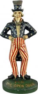 Fresh-to-market Uncle Sam cast-iron doorstop, appraised by Bertoia Auctions’ president Michael Bertoia on PBS TV’s Antiques Roadshow. Described by Bertoia as “the best Uncle Sam doorstop [I’ve] ever seen – very patriotic.” Estimate: $8,000-$14,000