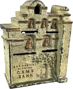 Exceptionally rare still bank that depicts historic San Gabriel Mission in California, founded in 1771. Recently discovered at a church rummage sale. Estimate: $8,0000-$14,000