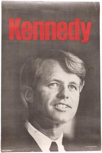 Large-format smiling portrait poster signed by Robert F. Kennedy in the kitchen of the Ambassador Hotel in Los Angeles on June 4, 1968, the night he won the California presidential primary and was fatally shot. Estimate: $5,000-$10,000