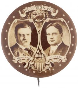 1912 Roosevelt & Johnson (“Progressives”) oversize jugate button with outstanding design, featuring the Bull Moose logo at the top center and an American shield at the bottom. Estimate: $2,000-$4,000