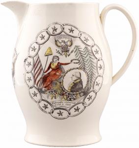 Superb, circa 1790s polychrome Liverpool jug bearing three transfers: a ship, an eagle and a colorful depiction of Lady Liberty along with a profile portrait of George Washington. Estimate: $2,000-$5,000