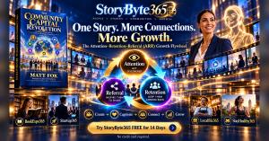 This cinematic banner brings StoryByte365's Attention–Retention–Referral (ARR) Growth Flywheel to life through glowing 3D circular elements, golden motion arrows, interconnected audiences, and immersive film-inspired imagery. The flywheel highlights thre