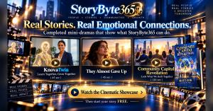 **StoryByte365 Cinematic Showcase: Bringing Ideas, Emotions, and Collaboration to Life** This premium cinematic banner highlights three completed StoryByte365 mini-drama productions, represented through dramatic promotional scenes, glowing play symbols,