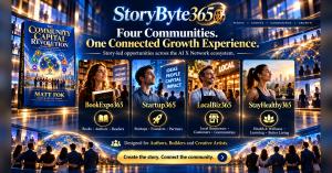 This cinematic banner presents StoryByte365 as a creative storytelling experience supporting four distinct community markets within the AI X Network ecosystem. Set against a richly illuminated global cityscape, four realistic scenes represent the possibi