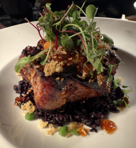 Tamari Brined Boneless Pork Chop Vietnamese Peanut Garlic Sesame Crunch - Purple Sticky Rice - Green Bean Confetti