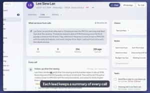 Sentitask CRM screen showing a call summary, next steps and a two-sided transcript for a sample lead