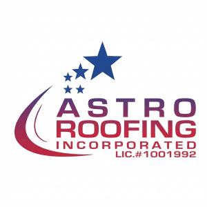 Official logo of Astro Roofing Incorporated featuring five blue stars and license number 1001992 on a white background.