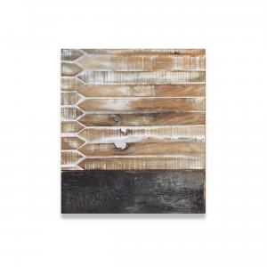 A painting by Brandon Reese with horizontal lines and carved marks in beige and black brown tones.