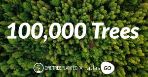 Hundreds of trees look from the top with message 100k trees