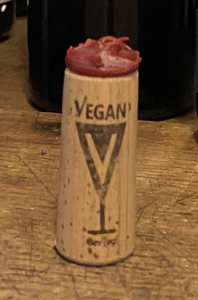 BevVeg Vegan Certified Symbol on Priam Vineyards Wine Cork. Alcohol Brands that Pass the BevVeg Vegan Certification Process Earn the Right to Use the BevVeg Vegan Symbol on their Packaging.