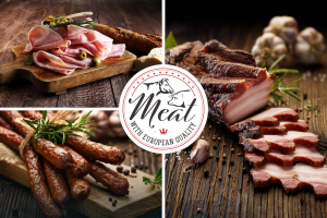 photos of hams, kabanos and slices of bacon