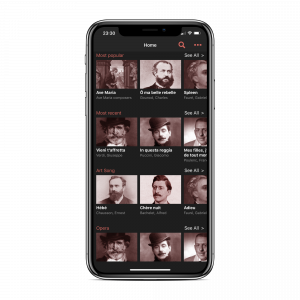 Screenshot showing what the Browse Section of the DictionBuddy App looks like. You will images of the composers of the various works in the app.