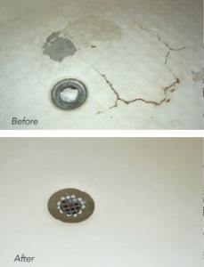 A fiberglass shower pan is restored to like-new condition.