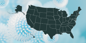 The map of the United States with an underlay of the coronavirus cell