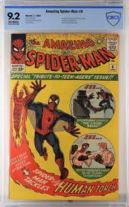 Copy of Marvel Comics’ Amazing Spider-Man #8 (Jan. 1964), the first cover and appearance of the Living Brain, plus an appearance by the Fantastic Four, graded CGC 9.2 ($3,240).