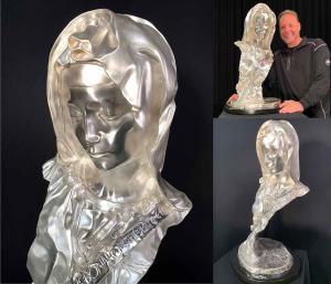 Bust of Michelangelo's Pieta featuring the master sculptor's signature and framed to show perspective next to Mark Russo, Founder of Foundry Michelangelo and a close up to show the exquisite detail