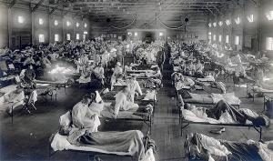 Photo of sick soldiers laying in rows at Fort Funston, Kansas.