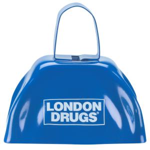 A blue cowbell with a London Drugs logo