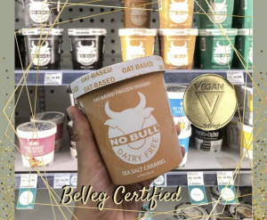 NO BULL. It is certified vegan by BeVeg and four of the 8 ice cream flavors may be carried at your Whole Foods. Salted Caramel vegan certified ice cream is featured here.