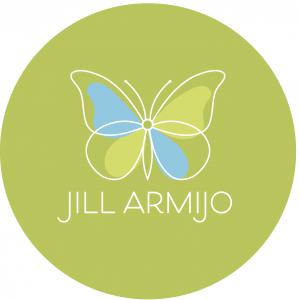 Light blue and light green coloring on a white bordered butterfly symbol over a field of darker green. The name "Jill Armijo" is placed beneath in white lettering.