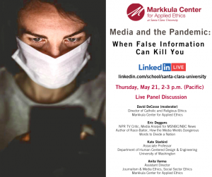 Person views false information regarding Covid-19 on their smartphone. Details for a live panel discussion on the pandemic and the media.