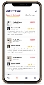 A smart phone showing the TruRevU app, featuring product reviews from multiple users