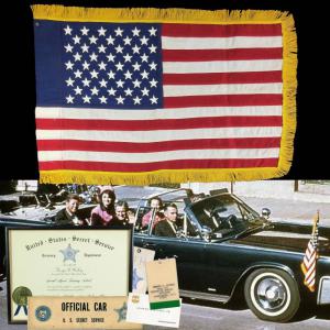 The American flag attributed and documented to have been flying over the right front bumper of the presidential limousine in the Dallas motorcade on Nov. 22, 1963 (est. $50,000-$60,000).
