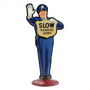 American Coca-Cola school policeman sign from the 1950s, 60 inches tall, the “fishtail” logo version, two lithographed metal panels standing on a cast metal base (est. CA$2,500-$3,500).