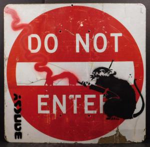 Spray paint and stencil on a Do Not Enter street sign after the enigmatic British artist Banksy (b. 1974), titled Do Not Enter Graffiti Rat, unframed, 30 inches by 30 inches (est. $5,000-$15,000).