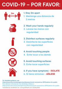 Red and white poster with illustrations giving COVID-19 coronavirus safety advice in English and Spanish translated by Guildhawk in June 2020