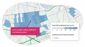 This is an image of the Remix platform that shows transit lines overlaid with the location of essential employees. Transit agencies and cities can use Remix for pandemic planning to provide better service for essential employees.