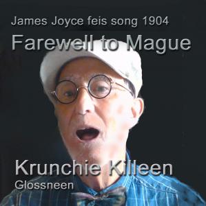 Krunchie Killeen, wearing white peaked hat and James Joyce style glasses, singing