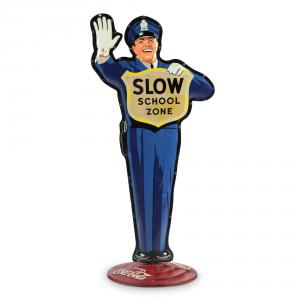 American Coca-Cola school policeman sign from the 1950s, 60 inches tall, the “fishtail” logo version, two lithographed metal panels standing on a cast metal base (CA$3,900).