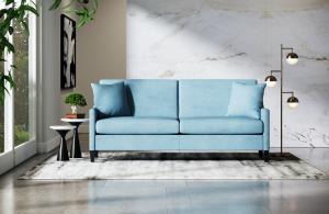 The Liz Jordan-Hill Millennial Love Seat Upholstered in Bellagio Velvet Aqua Clean Fabric