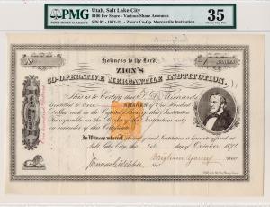 Zion's Co-operative Mercantile Institution 1871 Issued Stock Certificate with Brigham Young signature as president. Salt Lake City, Utah Territory, 1 Share. Imprinted U.S. Revenue Stamp in middle