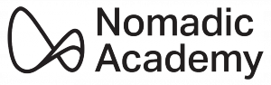 Nomadic Academy logo. Black abstract infinity symbol with black text reading "Nomadic Academy."