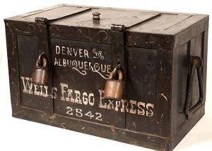 1885 key lock bullion / treasure box out of the Parker-Lyon Pony Express Museum in Arcadia, Calif., reportedly used as a movie prop and sold by RKO Studios in the 1960s ($1,280).