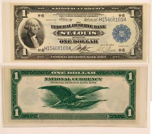 Beautiful $1 Federal Reserve bank note, 1918 series (St. Louis, Mo.), in uncirculated condition and rare, signed by bank officers Elliott, Burke, Attebery and Biggs ($1,375).