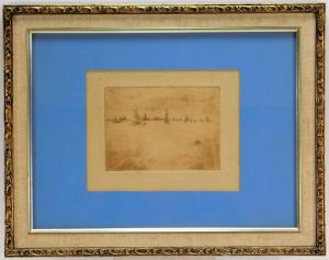 Impressionist etching by James Abbott McNeill Whistler (Mass./U.K./France, 1834-1903), of sailing vessels at sea, 5 inches by 6 ¾ inches and signed in pencil lower margin ($7,500).