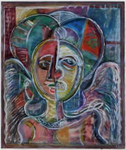 Colorful egg tempera on paper depiction of an angelic figure in abstract by David Clyde Driscoll (Md./Washington, D.C., 1931-2020), titled Masked Angel on verso ($4,688).