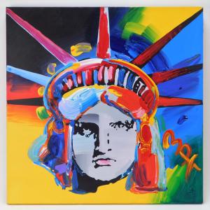 Vibrant (and authentic) blue, green, yellow and red depiction of Peter Max’s (Germany/N.Y., b. 1937) iconic Liberty Head image, acrylic on canvas on a TriMar stretcher, signed ($5,625).