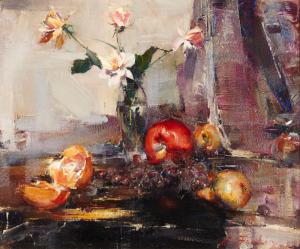 Oil on canvas painting by Nicolai Fechin (Russian, 1881-1955), titled Still life with flowers and fruit (circa 1925), signed lower right, 20 inches by 24 inches ($262,500).