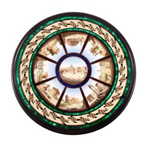 Fine Italian micro mosaic table top executed in Rome in the second half of the 19th century by Cesare Roccheggiani, 24 inches in diameter ($45,000).