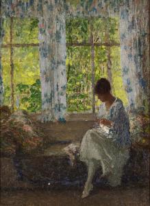 Oil on canvas painting by Helen Maria Turner (American, 1858-1958), titled Meditating by the Window, 16 ½ inches by 12 ½ inches ($40,000).