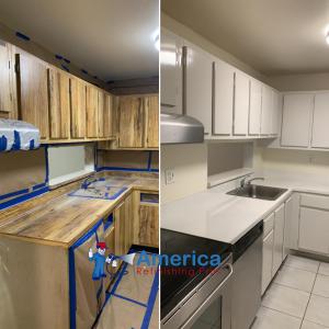 Before and after picture of a cabinet refinishing service by America Refinishing Pros