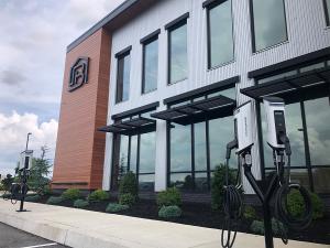 SemaConnect dual pedestal smart Series 6 EV charging stations at Burkentine Builders headquarters in Hanover, Pennsylvania