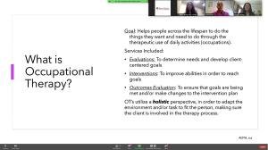 This workshop went over the definitions of Occupational Therapy, Telehealth, and explore the implementation of OT strategies within the telehealth platform in relation to the pediatric autism population.