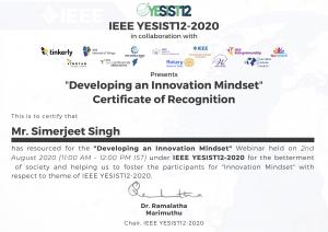 #VirtualKeynoteSpeaker Simerjeet Singh presented Certificate of Recognition by IEEE